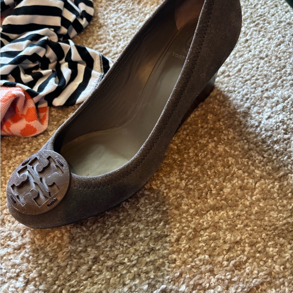 Tory Burch Taupe Suede Ballet Flat with Logo Medallion